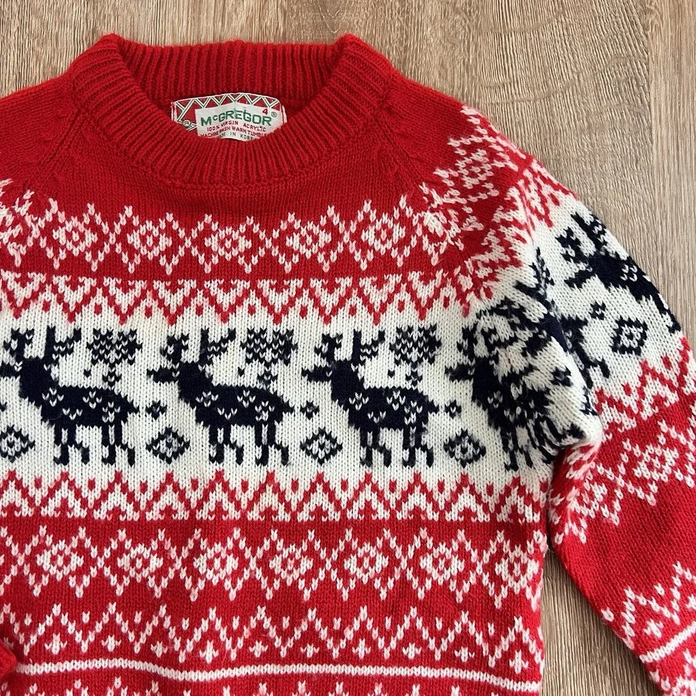 Vintage McGregor Red Reindeer 70s Christmas Sweater Boys Sz 4‎ Holiday